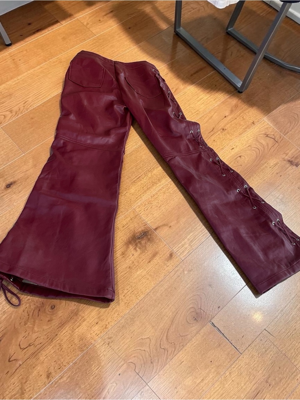 Nasty Gal Burgundy Faux Leather Lace Up Pants Moto Flare Size 4